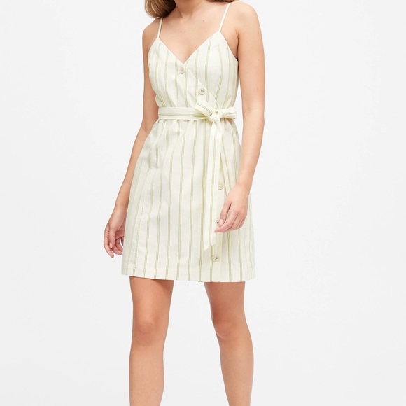 Banana Republic white dress with starps, green stripes, button down,linen cotton - Picture 3 of 11